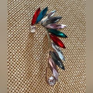 Gold Tone Rhinestone Leaf Ear Climber Pierced Earring Multicolor Statement